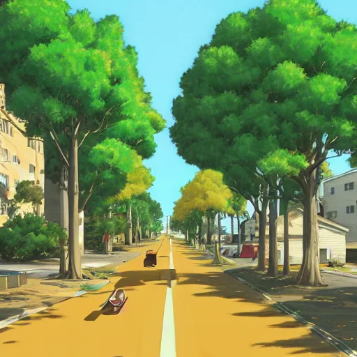 Image similar to neighborhood street, uptown street, golden hour, golden sunshine, trees over road, shining sun in distance, trees, juniper trees, oak trees, cars parked in street, long street, distance, cel - shaded, raytracing, cel - shading, toon - shading, 2 0 0 1 anime, flcl, jet set radio future, drawn by artgerm