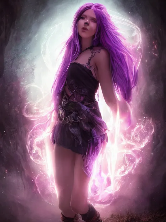 Prompt: !! full body portrait art!! of purple - haired 2 8 year old half - elf sorceress, magical glowing eyes, 8 k ultra realistic, lens flare, atmosphere, glow, detailed, intricate, full of colour, cinematic lighting, trending on artstation, 4 k, hyperrealistic, focused, extreme details, unreal engine 5, cinematic, masterpiece