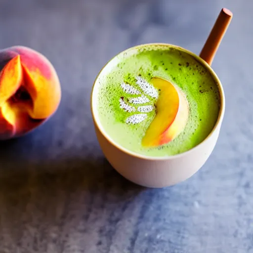 Prompt: peach matcha latte being served by a cute lizard, high quality food photography