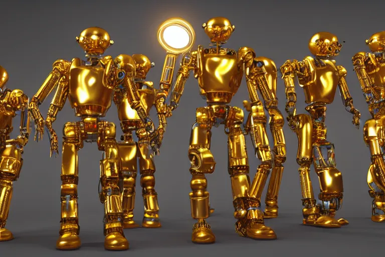 Image similar to 7 golden and blue metal humanoid steampunk robots dancing on a theaterstage, robots are wearing and gears and tubes, eyes are glowing red lightbulbs, shiny crisp finish, 3 d render, 8 k, insaneley detailed, fluorescent colors, nightlight