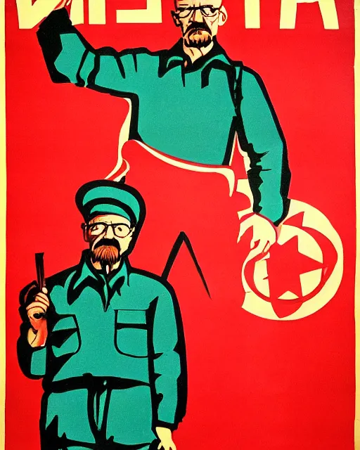 Prompt: soviet communist propaganda poster of walter white as a farmer with his closed fist up in the air, hammer and sickle, happy