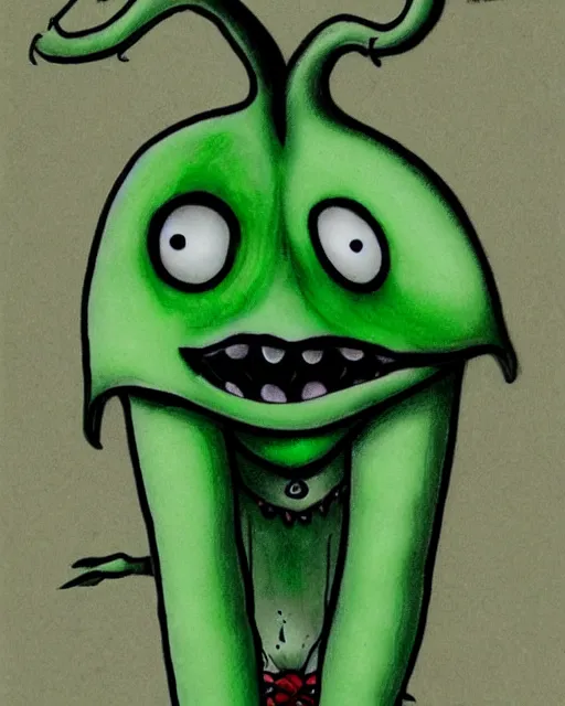 Image similar to a green devil with sad expression by tim burton