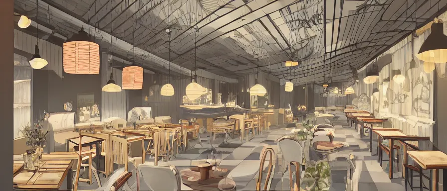 Image similar to a beautiful interior view illustration of a small roasted string hotpot restaurant of baota mountain in yan'an city, animation illustrative style, from china, restaurant wall paper is a high tower on a mountain, rectangle white porcelain table, black chair, simple style structure decoration design, victo ngai, james jean, 4 k hd