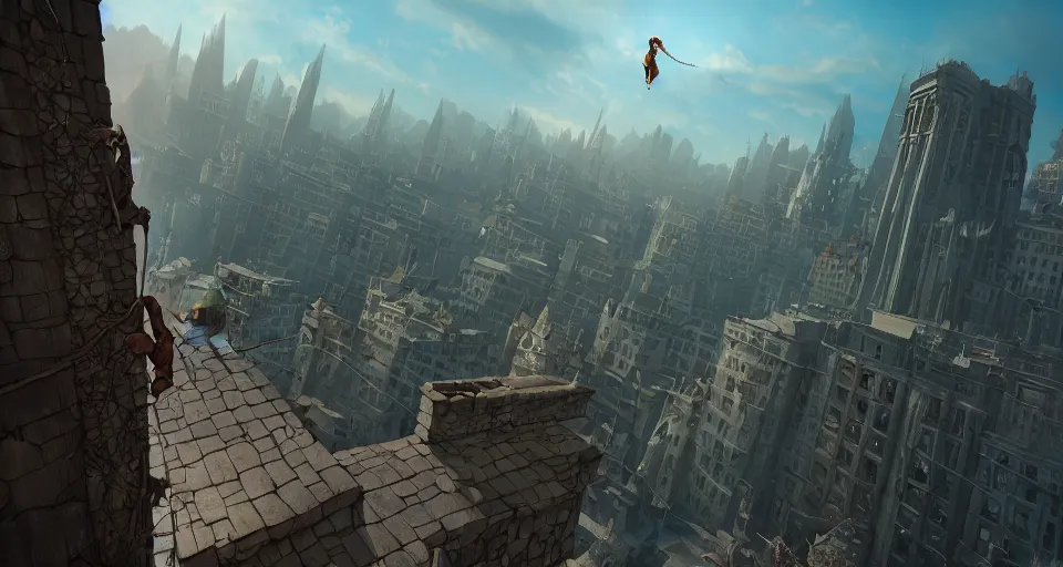 Image similar to an epic fantasy comic book style landscape painting of a hooded thief climbing a tall building with a city using a rope, unreal 5, daz, hyperrealistic, octane render, dynamic lighting