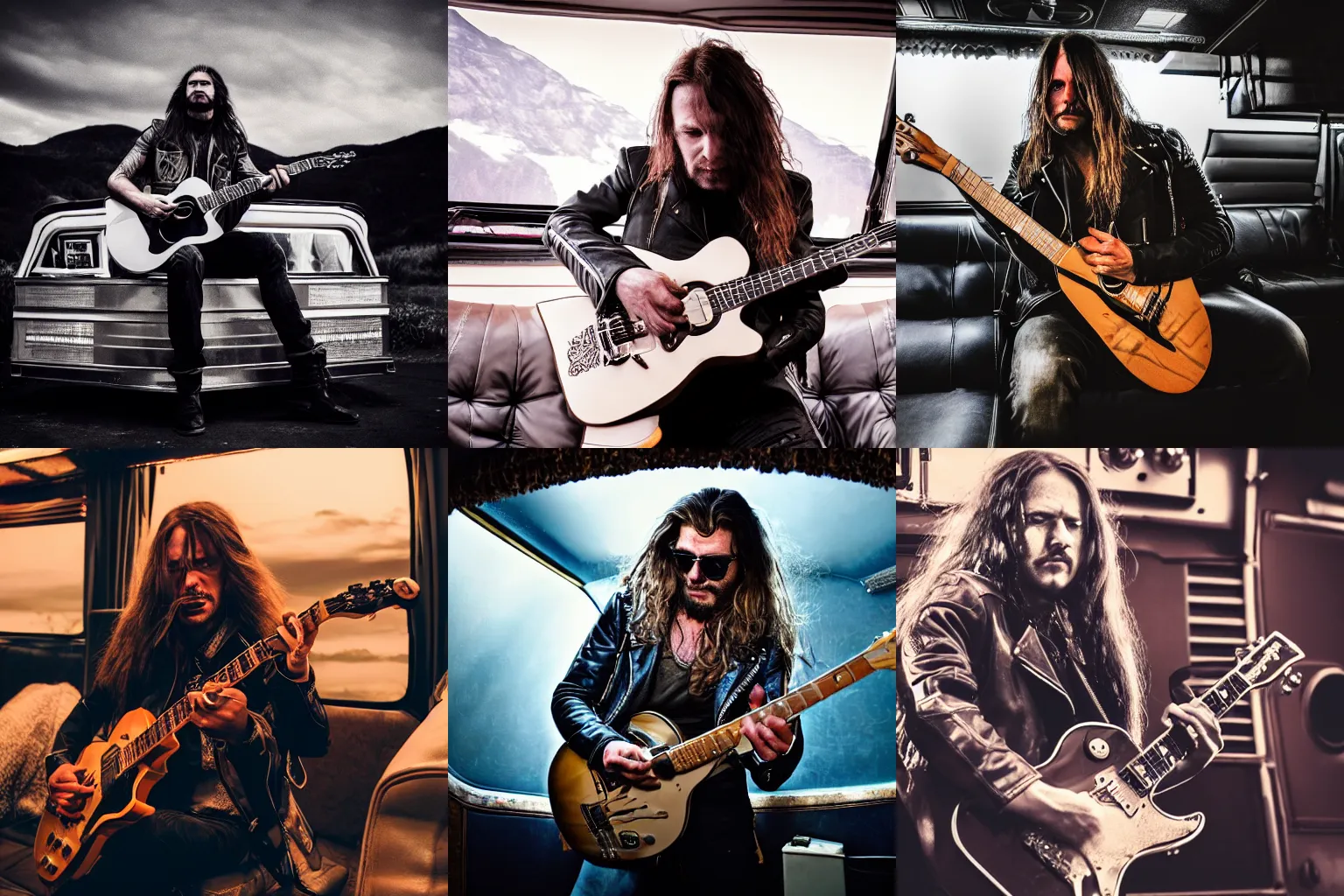 Prompt: a highly detailed image of a man with long hair in a biker jacket playing a guitar on top of a rv, cinematic lighting, intimidating lighting, dark photo, high definition