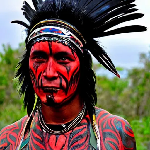 Image similar to native warrior wearing demon warpaint, black feathr head wear, award winning photograph