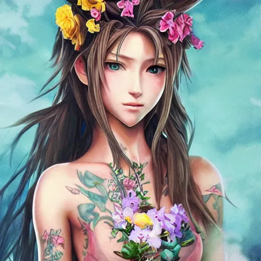 Image similar to concept art of aerith gainsborough with tattoos, amongst flowers, high quality, detailed, trending on artstartion