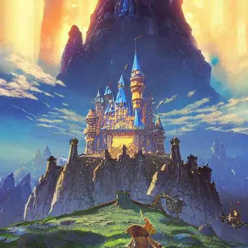 Image similar to An imposing and highly ornamented fantasy castle, Carved from Sapphire stone, Atmosphere, Dramatic lighting, Beautiful Landscape, Epic composition, Wide angle, by Miyazaki, Nausicaa Ghibli, Breath of The Wild