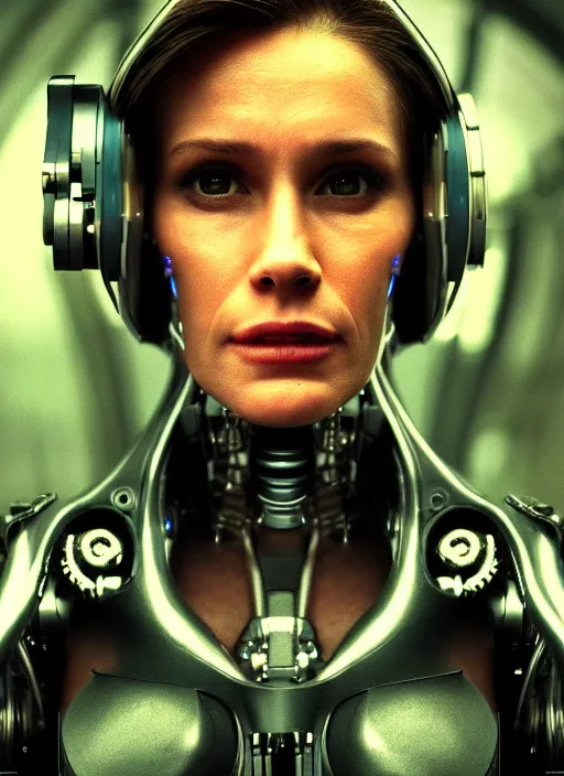 Image similar to 35mm portrait of a sophisticated intricate terminator woman's head on the background of a weird magical mechanical forest. Round gears visible inside her hear. Very detailed 8k. Fantasy cyberpunk horror. Sharp. Cinematic post-processing