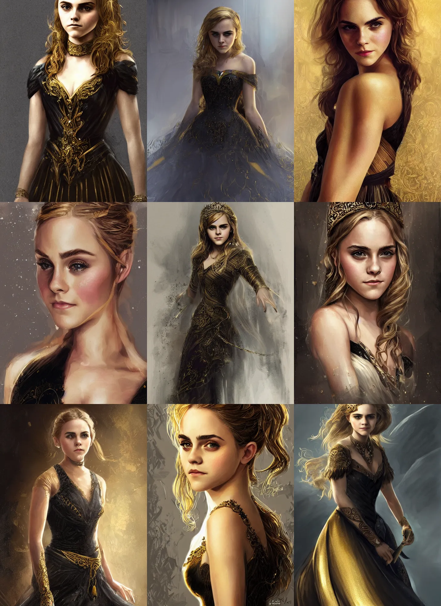 Prompt: annasophia robb emma watson portrait as young princess, black and golden dress, intricate, elegant, highly detailed, digital painting, artstation, concept art, sharp focus, illustration, art by aleksi briclot, rutkowski