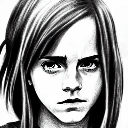 Prompt: emma watson in a demon slayer manga pencil, pencil and vine charcoal drawing, on medium grade paper, indian ink, variable lineart, grayscale, manga tones, detailed, set in hell, threatening an oompa loompa, hyper realistic, manga, beautiful