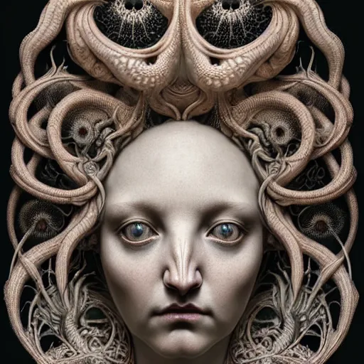 Image similar to detailed realistic porcelain beautiful calaveras goddess face portrait by jean delville, gustave dore, iris van herpen and marco mazzoni, art forms of nature by ernst haeckel, art nouveau, symbolist, visionary, gothic, neo - gothic, pre - raphaelite, fractal lace, intricate alien botanical biodiversity, surreality, hyperdetailed ultrasharp octane render