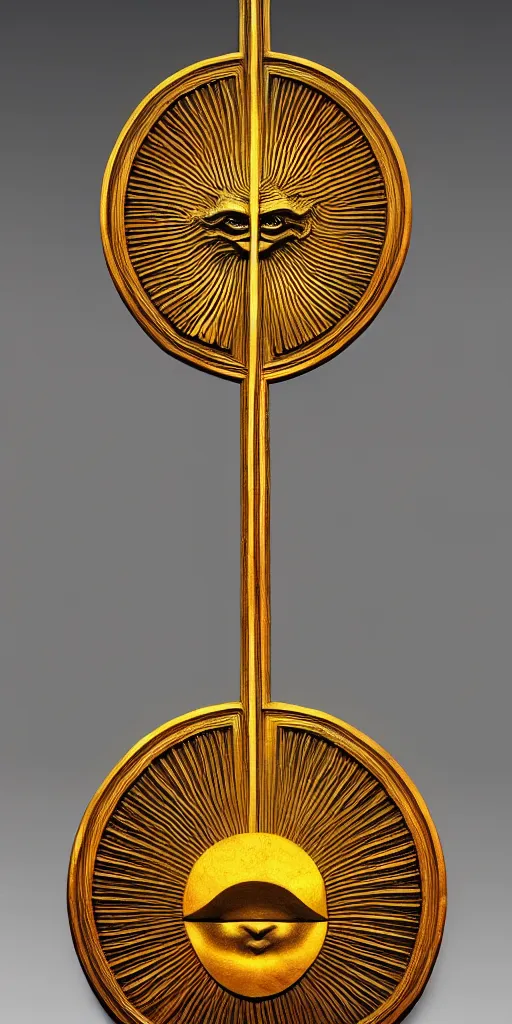 Image similar to a sword in the style of zdzisław beksinski, elegant, gold and oak inlay, sun motif, holy