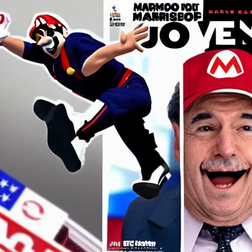 Image similar to mario jumping over Joe Biden front page award-winning