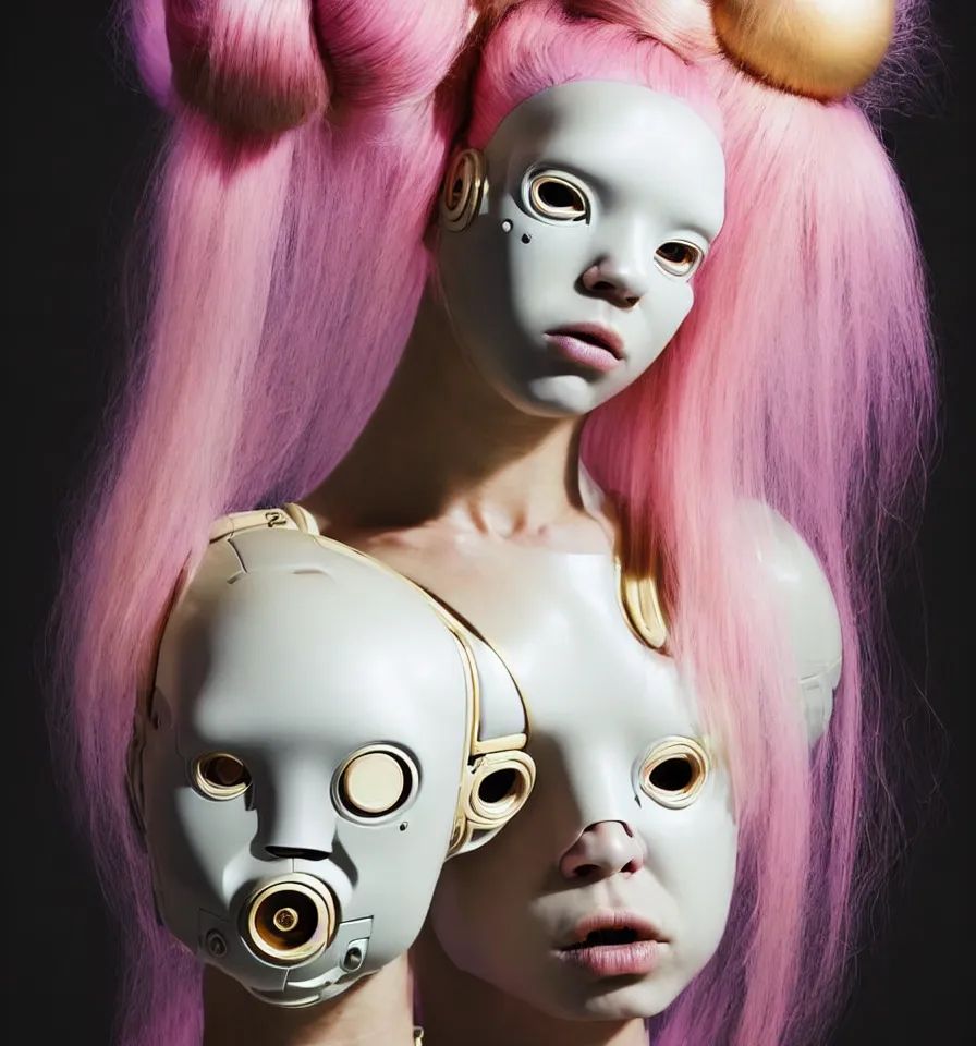 Prompt: portrait of a alien futuristic cyborg wearing a gold pipes fitted beauty mask and pink hair buns, wearing a black bodysuit by alexander mcqueen, cream white background, perfectly symmetric, soft diffused light, biotechnology, humanoid robot, hanging electrical cables and pipes, bjork aesthetic, translucent, by rineke dijkstra, intricate details, highly detailed, masterpiece,
