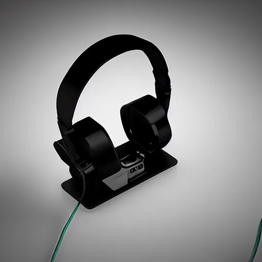 Image similar to wireless headphone stand, futuristic, techno, cyberpunk, product design, render, concept, fun, geometric