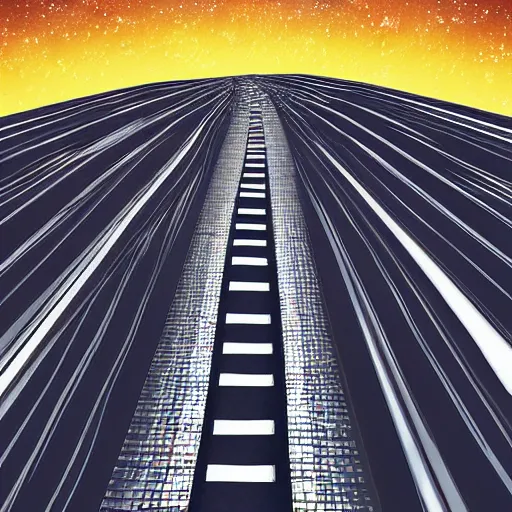 Image similar to endless piano road in space, digital art