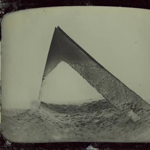 Image similar to tintype photo, underwater, pyramids falling down