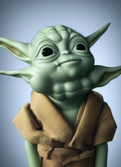 Image similar to closeup of a tin toy baby yoda, depth of field, zeiss lens, detailed, symmetrical, centered, fashion photoshoot, by nicoletta ceccoli, mark ryden, lostfish, earl nore, hyung tae, frank frazetta, breathtaking, 8 k resolution, extremely detailed, beautiful, establishing shot, artistic, hyperrealistic, octane render