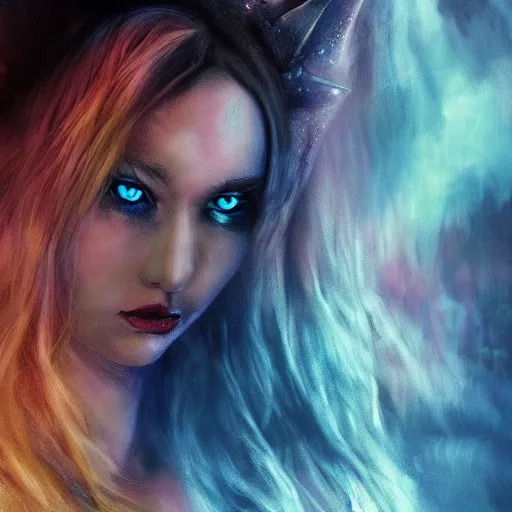 Image similar to The dragon girl portrait, portrait of young girl half dragon half human, dragon girl, dragon skin, dragon eyes, dragon crown, blue hair, long hair, highly detailed, cinematic lighting, Matte painting by David Lynch