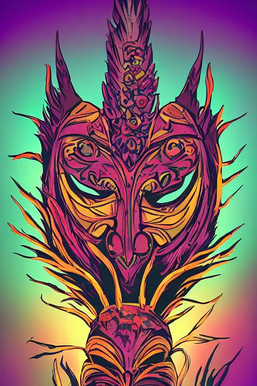 Image similar to animal mask totem roots flower tribal feather gemstone plant wood rock shaman vodoo video game vector cutout illustration vivid multicolor borderlands comics by josan gonzales and dan mumford radiating a glowing aura