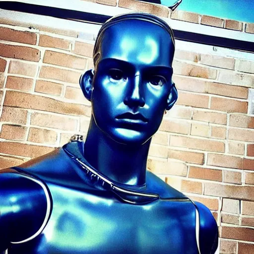 Image similar to “a realistic detailed photo of a guy who is an attractive humanoid who is half robot and half humanoid, who is a male android, baseball player Aaron Judge, shiny skin, posing like a statue, blank stare”