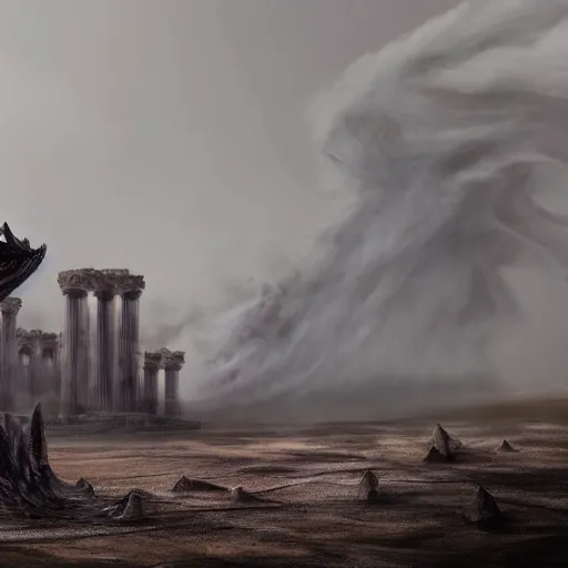 Image similar to Giant smoke monster with large teeth coming out of the ground, thick swirling smoke, mist, air particles, sandstorm, dramatic lighting, Byzantine ruins, surrounded by priests, worshipers, desert, cinematic, trending on artstation
