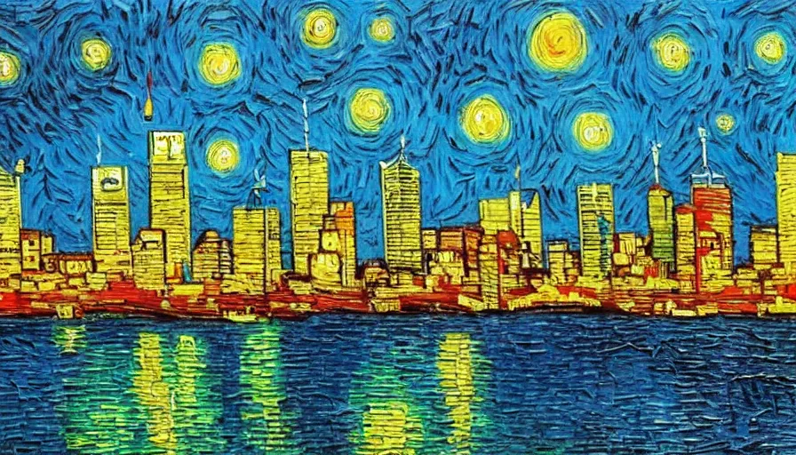 Image similar to perth skyline painted in the style of van gogh,