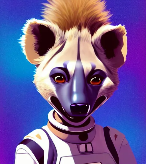 Image similar to digital detailed art of furry female hyena, in style of zootopia, fursona, furry, furaffinity, deviantart, wearing astronaut outfit, in style of mark arian, floating in space, space background, hyena fursona, cyberpunk, female, detailed face, style of artgerm,