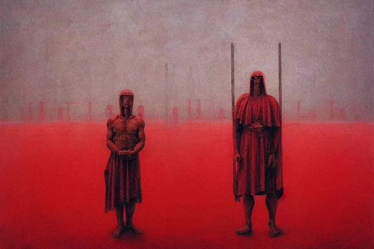 Image similar to only with red, caesar after war, the great deal, a red tiger, in hoc signo vinces, rome in background, an ancient path, in the style of beksinski, part by hopper, part by rodcenko, part by hofbauer, intricate composition, red by caravaggio, insanely quality, highly detailed, masterpiece, red light, artstation