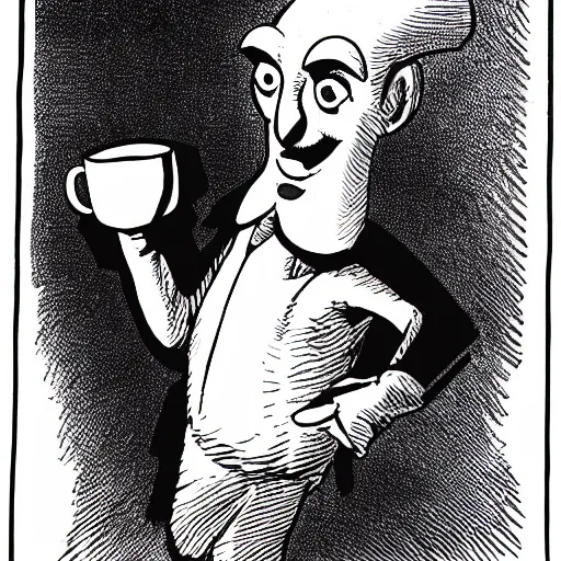 Image similar to black and white comic of a man with the head of an owl, holding a mug of coffee