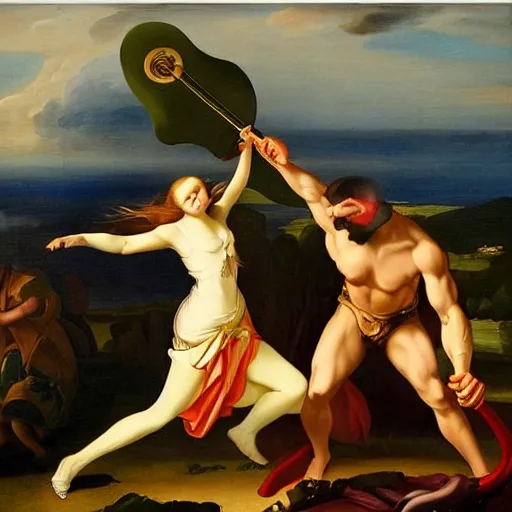 Prompt: joanna newsom fighting the predator, baroque style painting, very detailed