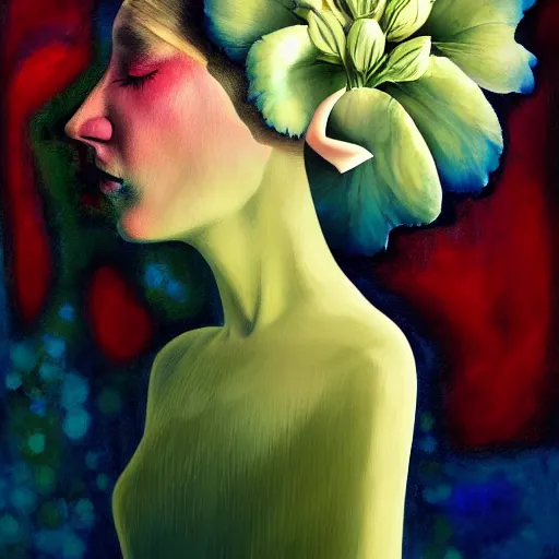 Image similar to huge flower as head, woman standing in a luxury apartment, surreal photography, dramatic light, impressionist painting, digital painting, artstation, georgia o'keeffe