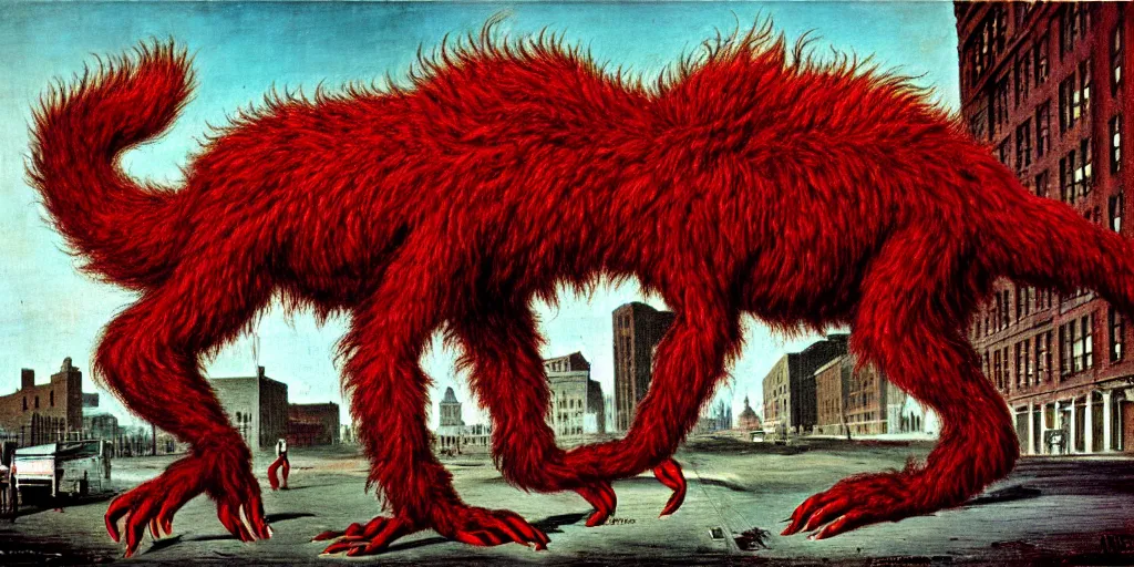 Image similar to a red hairy mysterious crptid devil monster on the streets of Detroit in the 1880's artwork by Ivan Albright
