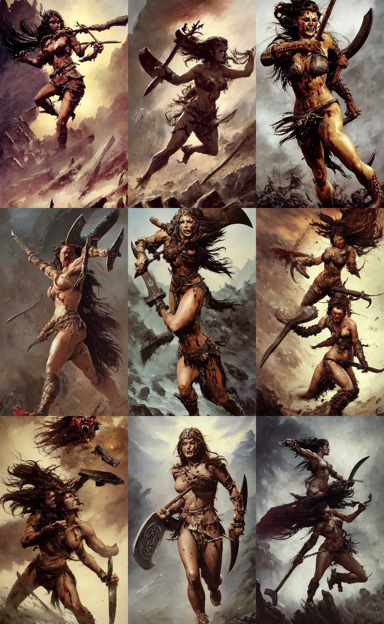 Prompt: An oil painting of a beautiful brunette berserker woman running with a bloodied war-axe, very aesthetic, detailed face, by Frank Frazetta, Greg Rutkowski, Boris Vallejo, Neal Hanson, Christian MacNevin, epic fantasy character art, goddess of war, detailed viking rune armor, high fantasy, full length, exquisite detail, post-processing, low angle, masterpiece, cinematic, colossal dragon in background