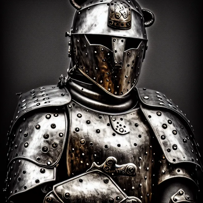 Image similar to photo of a warrior with metal bear themed armour, highly detailed, 4 k, hdr, smooth, sharp focus, high resolution, award - winning photo