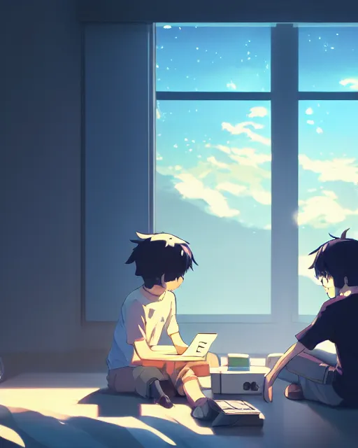 Prompt: a boy and a goldendoodle dog are sitting at a desk in front of a bright computer screen in a bedroom by night, anime concept art, illustrated by Makoto Shinkai, 4k