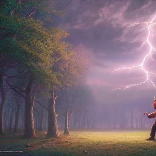 Prompt: photorealistic lightning man in the style of thomas kinkade and greg rutkowski. hyperdetailed photorealism by michael whelan, 1 0 8 megapixels, 1 0 k resolution, cinematic lighting