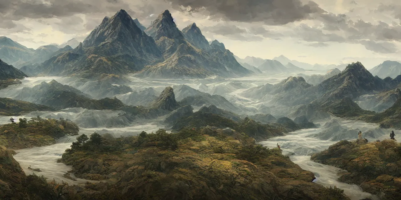 Prompt: a beautiful painting of a scene about a panorama of rivers and mountains, by james jean and yuumei and wang ximeng, trending on artstation., ultrawide viewn and highly detailed matte painting
