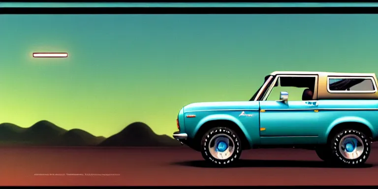 Image similar to a cinematic keyframe matte painting of a sleek 1 9 7 0 s vaporwave concept vehicle retro - futurism sci - fi sky blue ford bronco designed by karmann ghia in an open garage in the colorado, view from the street. in the moonlight. by eric lafforgue, glennray tutor and edward hopper, greg rutkowski. trending on artstation.