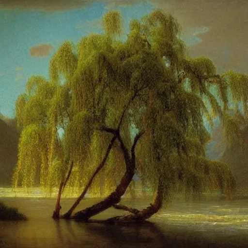 Image similar to oil painting of a willow tree next to a raging river by albert bierstadt, beautiful lighting - h 7 0 4