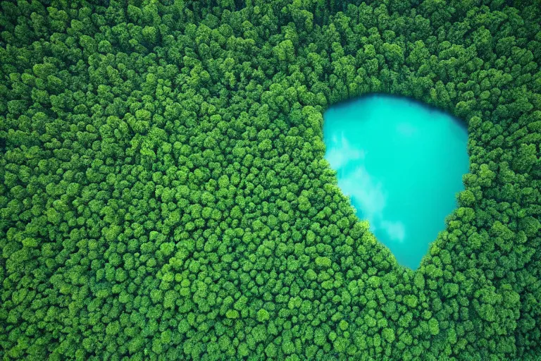 Image similar to a gigantic lake with a detailed heart shape in the middle of a green forest, aerial photography by yann arthus bertrand