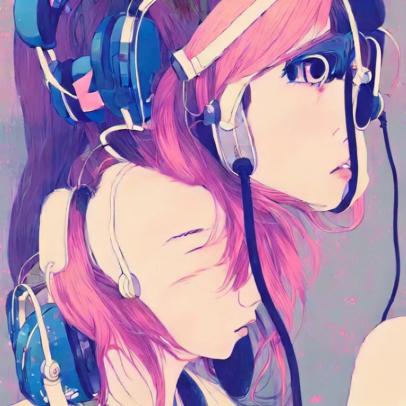 Image similar to girl with headphones, very anime!!! anime!! intricate details, aesthetically pleasing pastel colors, poster background, art by conrad roset and ilya kuvshinov