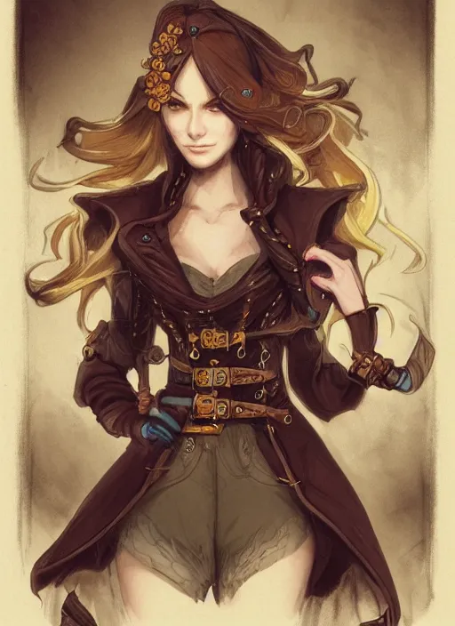 Prompt: daguerreotype of beautiful elf, brown trench coat, detailed face, brown skin, golden ponytail, happy, belts around, steampunk, dnd, smooth, sharp focus, extremely detailed, by rebecca guay, rossdraws, wlop, colorful