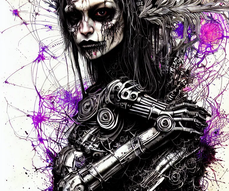 Image similar to gothic mute hybrid cyborg warrior girl, cybor clothes shaping the universe, freedom fighter, eerie, cinematic, epic, 8 k, ultra realistic, rendered by awesomeness. | a psychedelic apocalypse, illustration by albrecht durer, concept art in style of carne griffiths artwork by xsullo. | backround of beautiful floweres floatingby elson, peter kemp, peter