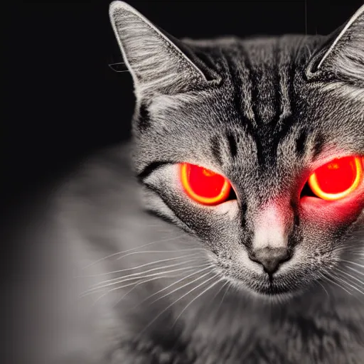 Image similar to metallic cat with red glowing eyes, dramatic lighting, studio photo, 4k, photorealistic, film grain, inspired by the terminator, manga style, anime