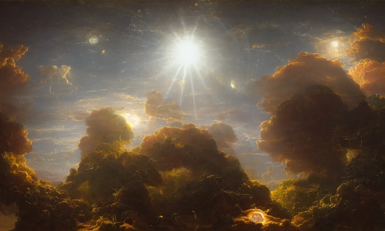 Image similar to The universe is a spheroid region 705 meters in diameter by Rachel Ruysch and Thomas Cole, 4k, 1985, sunlight study