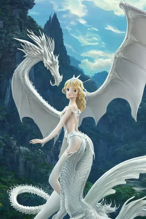 Image similar to beautiful scene render that a princess ride on a huge silver white dragon back, finely detailed angelic face delicate features directed gaze, in the fairyland surrounded by white clouds, style of makoto shinkai, raphael lacoste, louis comfort tiffany, artgerm, james jean, ross tran, 8 k hd, ultra wide angle, animation style, hyper detailed