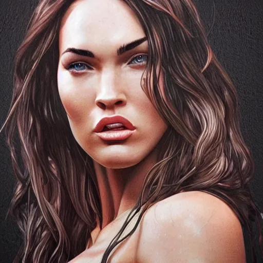 Image similar to megan fox sticking her tongue out, hyperrealistic portrait, photo realistic, poster, artstation, volumetric lighting, digital art, very detailed face by magali villeneuve