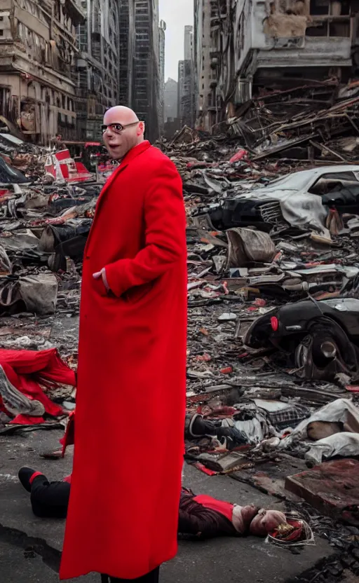 Image similar to cinematic scene of a bald comedian in red coat performing comedy show on top of dead bodies in streets of an apocalyptic metropolis destroyed after war, dramatic lighting, insane details